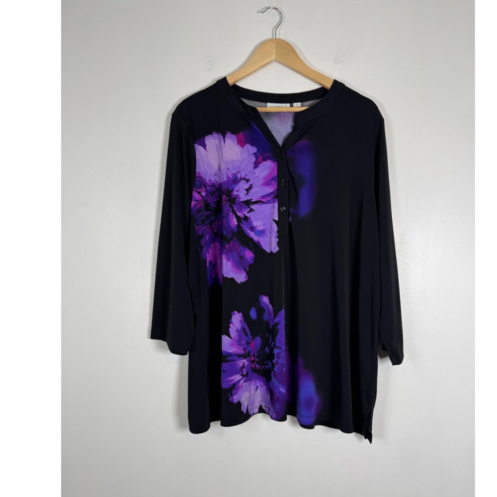 Floral Susan Graver Womens 2X Tunic Black Purple Liquid Knit Henley 3/4 Sleeve